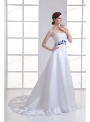 A-line Appliques Strapless Satin Belt Court Train Wedding Dress