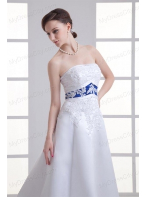 A-line Appliques Strapless Satin Belt Court Train Wedding Dress