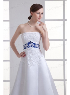 A-line Appliques Strapless Satin Belt Court Train Wedding Dress