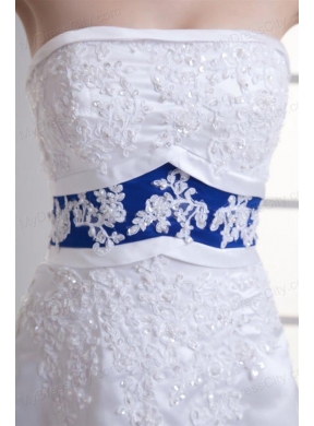 A-line Appliques Strapless Satin Belt Court Train Wedding Dress