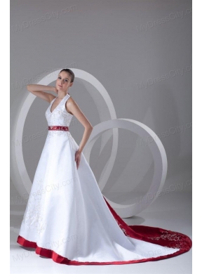 A-Line Halter Embroidery Lace Up Wedding Dress with Satin Chapel Train