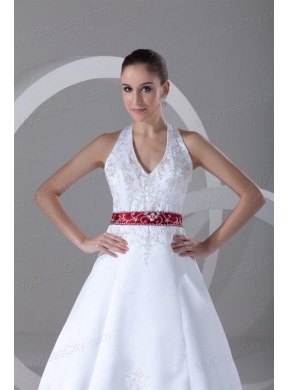 A-Line Halter Embroidery Lace Up Wedding Dress with Satin Chapel Train