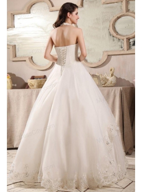 A-line Ivory Halter Top Appliques Floor-length Organza Wedding Dress