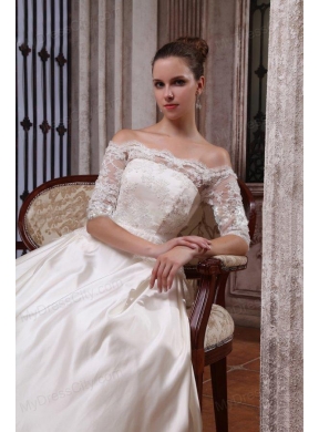 A-Line Off The Shoulder Brush Train Lace Appliques Wedding Dress