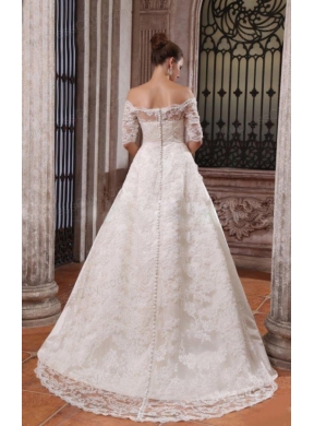 A-Line Off The Shoulder Brush Train Lace Appliques Wedding Dress