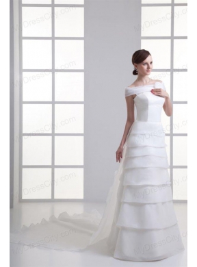 A-Line Off The Shoulder Organza Wedding Dress with Watteau Train