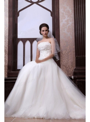 A-Line Strapless Beading Tulle and Organza Zipper Up Wedding Dress