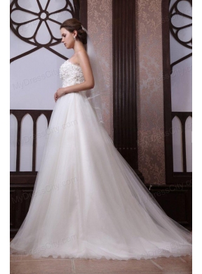 A-Line Strapless Beading Tulle and Organza Zipper Up Wedding Dress