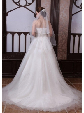 A-Line Strapless Beading Tulle and Organza Zipper Up Wedding Dress