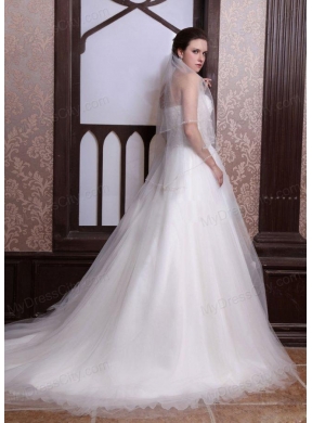 A-Line Strapless Beading Tulle and Organza Zipper Up Wedding Dress