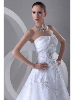 A-line Strapless Embroidery and Beading Court Train Wedding Dress