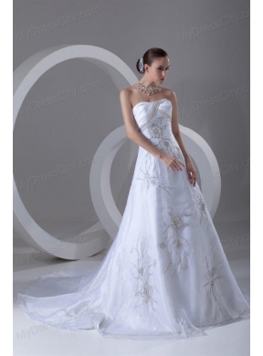 A-line Strapless Embroidery and Beading Court Train Wedding Dress