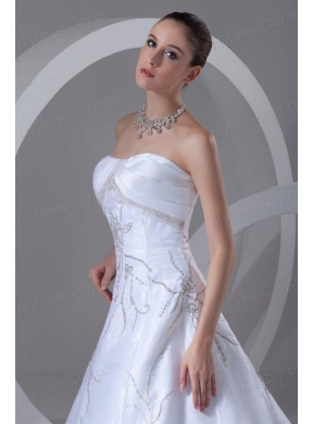 A-line Strapless Embroidery and Beading Court Train Wedding Dress