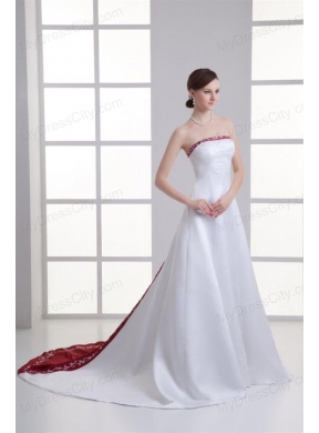 A-line Strapless Embroidery Chapel Train Satin Wedding Dress