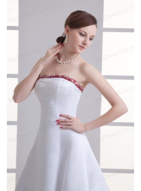 A-line Strapless Embroidery Chapel Train Satin Wedding Dress