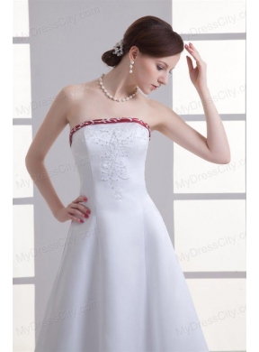 A-line Strapless Embroidery Chapel Train Satin Wedding Dress