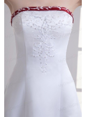 A-line Strapless Embroidery Chapel Train Satin Wedding Dress