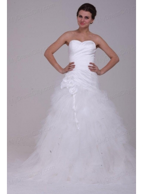 A-Line Strapless Ruching Tulle Wedding Dress with Brush Train