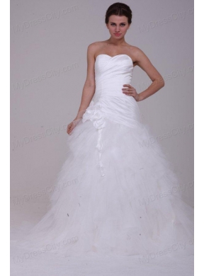 A-Line Strapless Ruching Tulle Wedding Dress with Brush Train