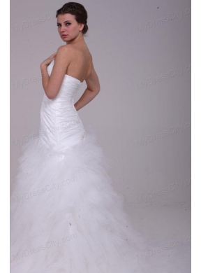 A-Line Strapless Ruching Tulle Wedding Dress with Brush Train