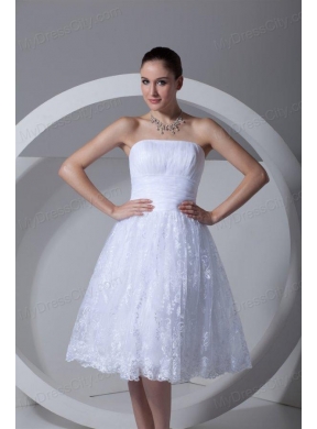 A-Line Strapless Tea-length Lace and Ruching Wedding Dress