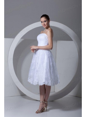 A-Line Strapless Tea-length Lace and Ruching Wedding Dress