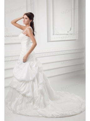 A-line Straps Appliques and Pick-ups Court Train Wedding Dress