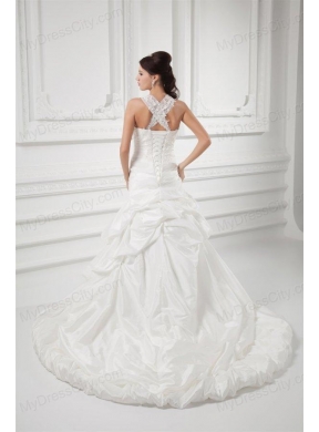 A-line Straps Appliques and Pick-ups Court Train Wedding Dress