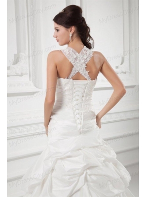 A-line Straps Appliques and Pick-ups Court Train Wedding Dress