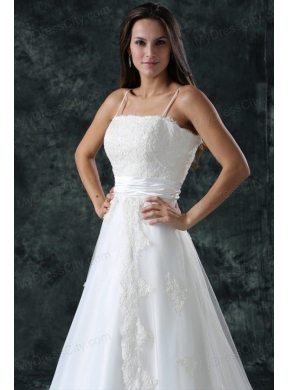 A-Line Straps Appliques Lace Up Tulle Wedding Dress with Court Train