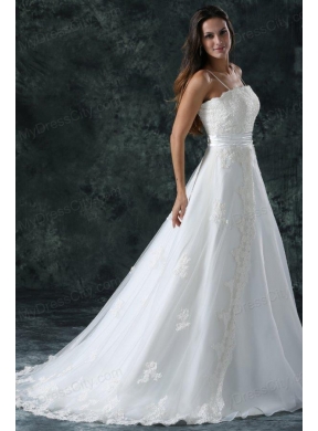 A-Line Straps Appliques Lace Up Tulle Wedding Dress with Court Train