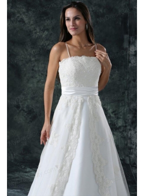 A-Line Straps Appliques Lace Up Tulle Wedding Dress with Court Train