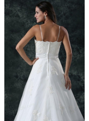 A-Line Straps Appliques Lace Up Tulle Wedding Dress with Court Train