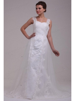 A-Line Straps Brush Train Appliques Tulle Wedding Dress