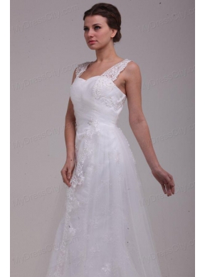 A-Line Straps Brush Train Appliques Tulle Wedding Dress