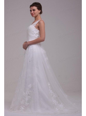 A-Line Straps Brush Train Appliques Tulle Wedding Dress