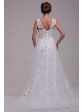 A-Line Straps Brush Train Appliques Tulle Wedding Dress