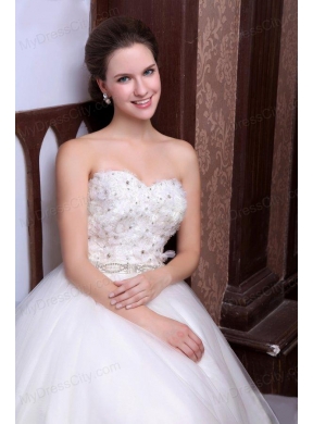 A-Line Sweetheart Floor-length Beading Tulle Wedding Dress