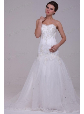 A-Line Sweetheart Tulle Appliques Tulle Wedding  Dress with Court Train