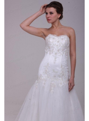 A-Line Sweetheart Tulle Appliques Tulle Wedding  Dress with Court Train