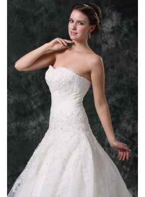 A-Line Tulle Sweetheart Court Train Beading Appliques Lace Up Taffeta Wedding Dress