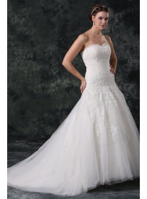 A-Line Tulle Sweetheart Court Train Beading Appliques Lace Up Taffeta Wedding Dress