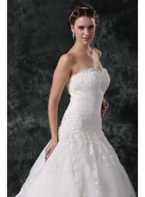 A-Line Tulle Sweetheart Court Train Beading Appliques Lace Up Taffeta Wedding Dress