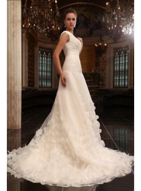 A-Line V-Neck Court Train Ruching Zipper Up Tulle Wedding Dress