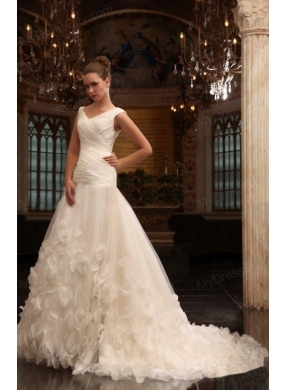 A-Line V-Neck Court Train Ruching Zipper Up Tulle Wedding Dress