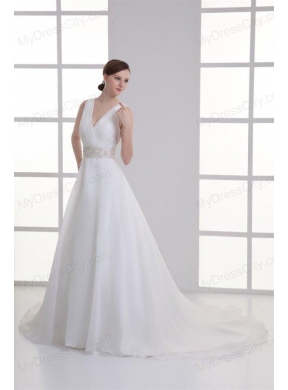 A-line V-neck Ruching Organza Beading Belt Court Train Wedding Dress