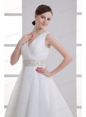 A-line V-neck Ruching Organza Beading Belt Court Train Wedding Dress