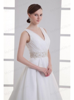 A-line V-neck Ruching Organza Beading Belt Court Train Wedding Dress