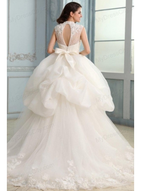 Ball Gown High Neck Beading and Flowers Wedding Dress with Organza