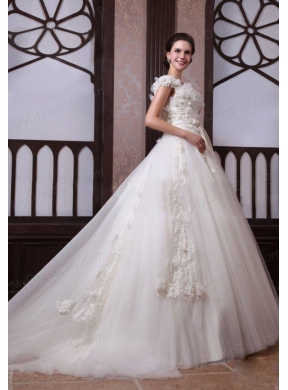 Ball Gown Scoop Appliques Tulle Wedding Dress with Chapel Train